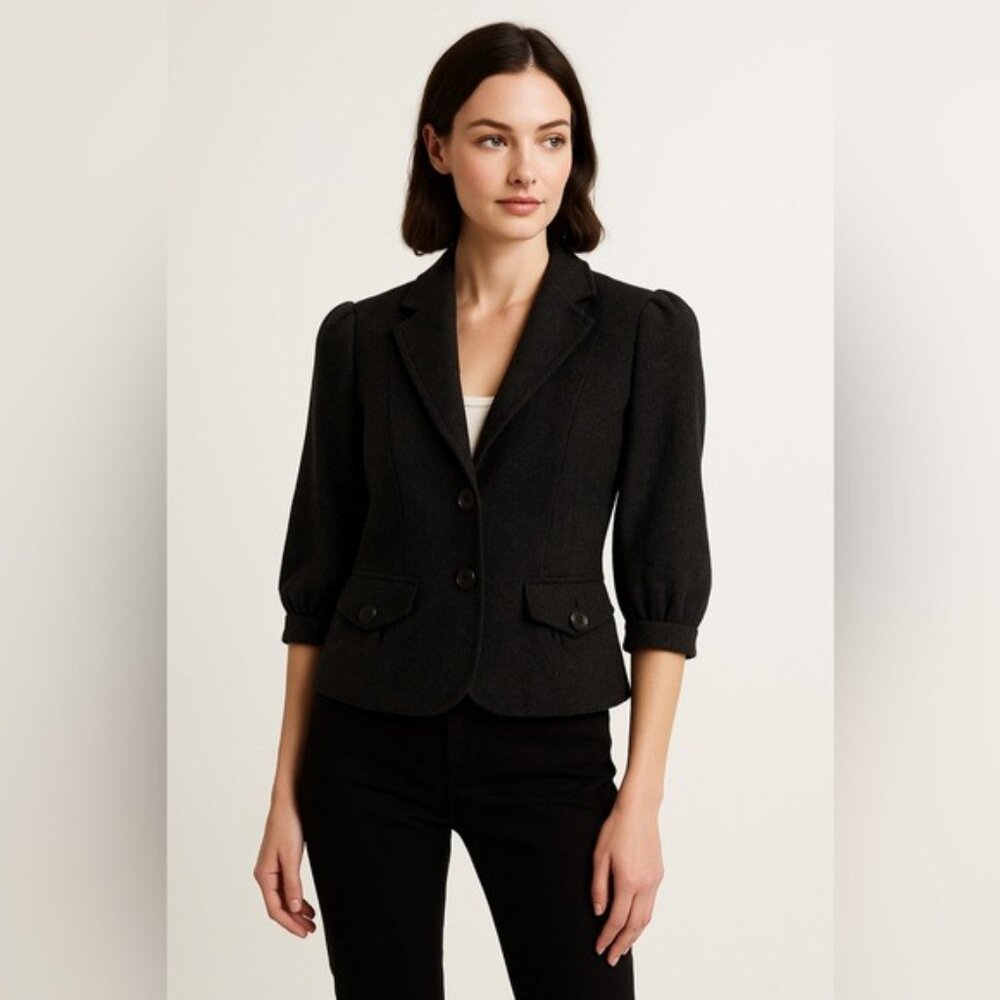 Banana Republic Wool-Blend Cropped Puff-Sleeve Blazer Dark Gray Size 0 - Picture 9 of 9